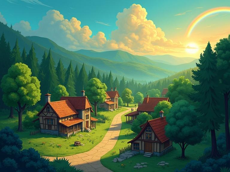 A small village surrounded by green forests with wooden houses. A sky illuminated by a golden sunset. Colorful and soft strokes create an animated style. Has a rainbow arching over the landscape. Nature and tranquility encapsulated in a whimsical scene.