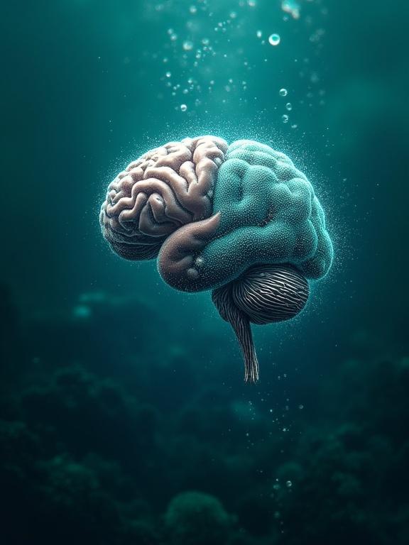 A hyperrealistic sea cucumber split in half. One half shows a new brain regenerating. Scientific futuristic style in a deep underwater background. Blue and green bioluminescent tones. Text on screen at the top: '¿¡CEREBRO NUEVO!?' and at the bottom: 'Este animal se REGENERA completo'