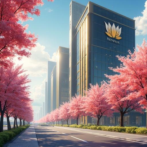 Futuristic scene in a modern city. Oversized Kamakiri Royal Zaibatsu building dominates the skyline. Cherry blossom trees line the street. Morning light creates a vibrant atmosphere. High-tech and luxurious design elements stand out. Gold and black color scheme is prominent. Illustrative of anime style in 2037.