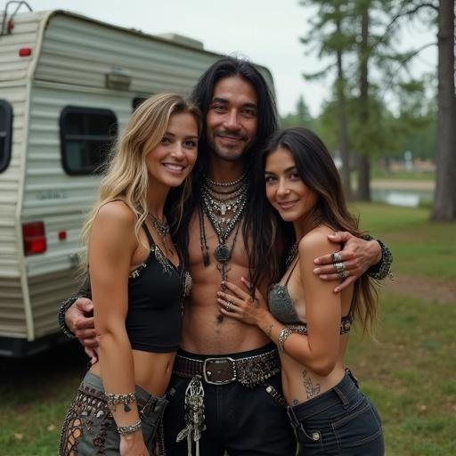 Three individuals smiling together in an RV park. Two women and one man embrace joyfully. The women wear goth-punk attire. The man is fully clothed. The setting features natural surroundings.