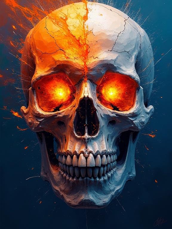 A shattering crystal skull in an abstract style. Features fiery orange and deep blue colors. Modern expressionism oil painting on Behance. High-definition visual with sharp fragments and glowing eyes. Utilizes intense lighting contrast.