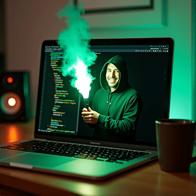 A person in a hoodie, on a laptop screen displaying code, holds a green flare emitting smoke, blending virtual with reality.