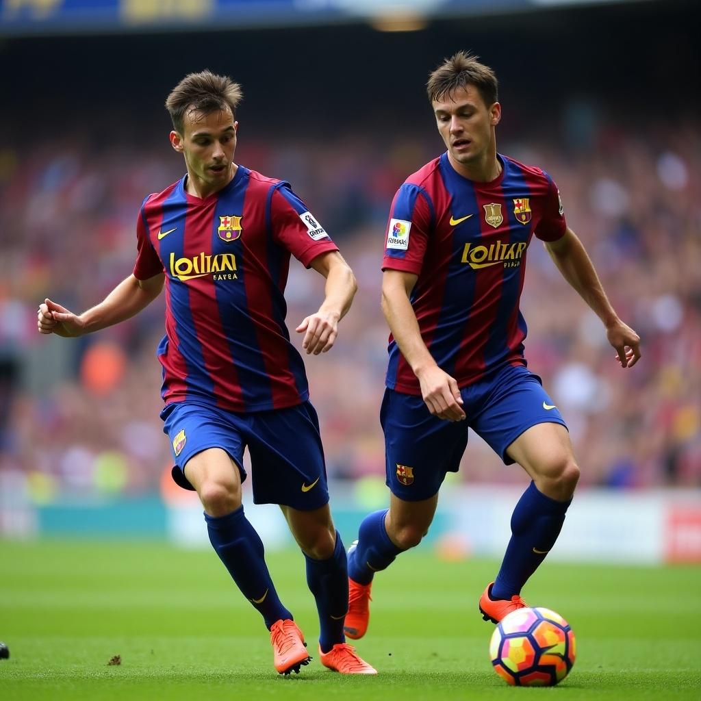 Two soccer players are captured in dynamic action during a football match, showcasing their skill and determination. They are wearing FC Barcelona themed uniforms, which feature vibrant blue and red stripes. The background is filled with an enthusiastic crowd, adding to the intensity of the scene. The players appear to be engaged in a fast-paced, competitive moment on the field. The stadium is alive with energy, making it a perfect representation of the excitement of live soccer.