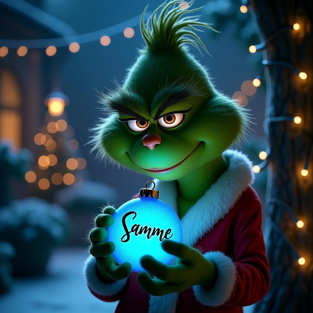 A serene night garden with the Grinch holding a glowing blue Christmas bauble. The bauble has the name Samme in elegant script. Twinkling Christmas lights create a magical atmosphere.