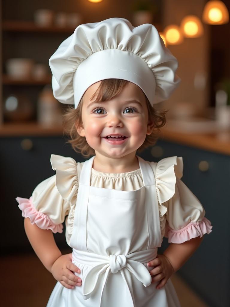 A young girl dressed as a chef stands confidently in a well-lit kitchen. She wears an oversized white chef's hat and an apron tied at her waist. Her outfit includes a delicate blouse with ruffles and soft pink cuffs. The background has warm, inviting lighting. The image is ultra-realistic and lifelike, showing fine details of fabric and skin texture, in a portrait format.