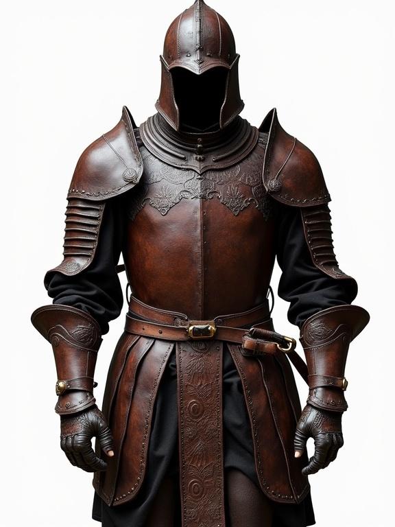 Frontal view of full armor made from dark leather. Shows rich brown color with a matte finish and battle wear. Armor features articulated panels and embossed patterns. Includes high collar, cuirass, pauldrons, and segmented guards. Worn over a tunic with comfort padding. Equipped with gloves, a multi-layered belt, and defense for legs. Background is transparent.