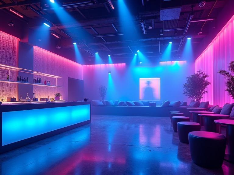 Modern nightclub interior features spacious dance floor illuminated by dynamic blue and purple neon and LED lights. Sleek bar showcases glowing countertops. Minimalist lounge seating enhances aesthetic. High-tech DJ booth is visible. Polished floors reflect vibrant atmosphere. No people are present in the scene.