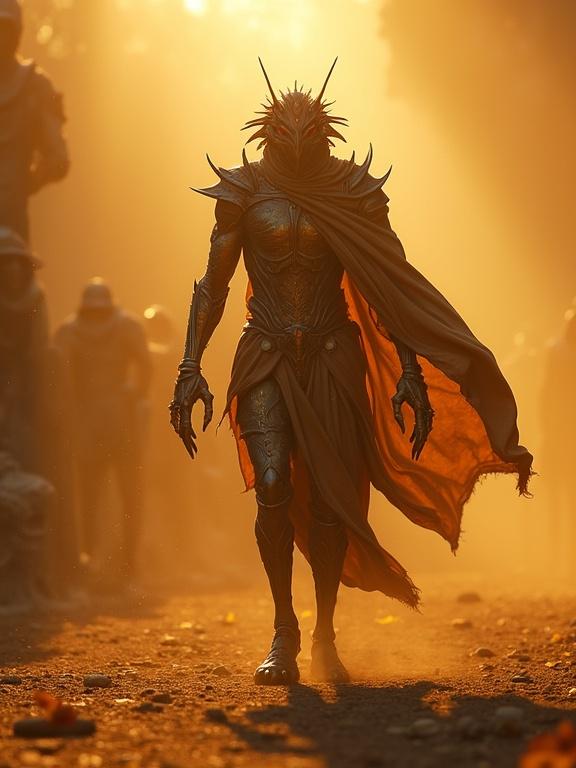 Warm golden light creates a tranquil, cinematic atmosphere. Humanoid character with metallic skin and armor stands confidently. Figures in the background give a sense of scale. Scene evokes a fantastical setting.