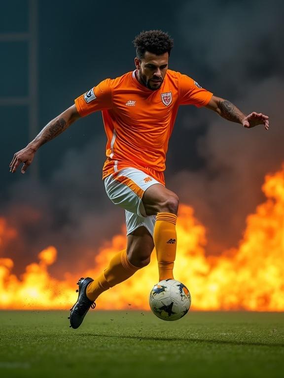 Photograph captures a muscular male soccer player in mid-kick. Player wears an orange and white soccer uniform with black cleats and yellow socks. The setting has dramatic lighting with fire and smoke, creating an intense atmosphere. Focus is on the player amid glowing embers on a green grass field, emphasizing athleticism and energy.