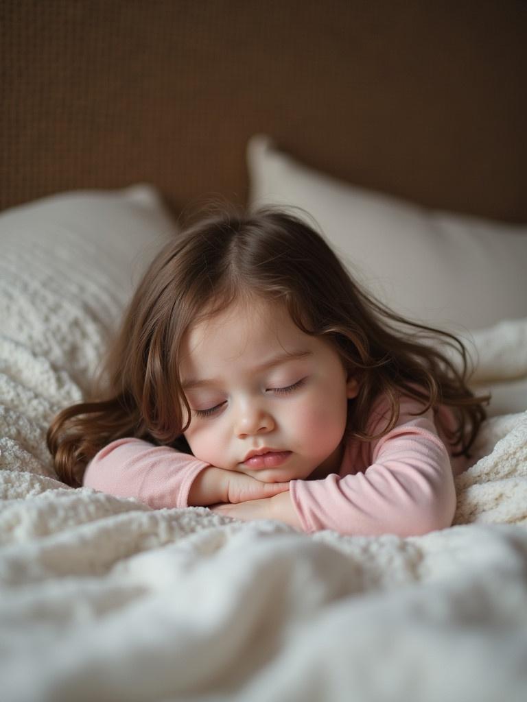 5 year old girl with long brown hair sleeps peacefully in a cozy bed with soft blankets. She rests her arms on the bed as she enjoys nap time.