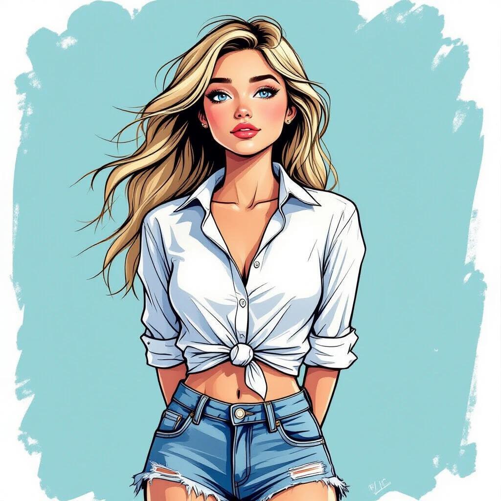A young woman stands in a side-front pose. She has bright blue eyes and long, straw-blonde hair blowing in the wind. Wearing a white shirt knotted at the front and ripped denim shorts. Her hands are behind her back, with shoulders pushed back. She has a dreamy, melancholic expression. The image is drawn in a semi-realistic comic style.