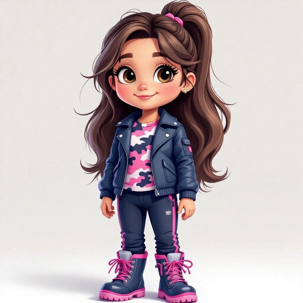 Cartoon character Brianna with long dark blonde hair. She wears a navy-blue biker jacket and pink-camouflage shirt. Navy-blue pants and pink and shiny navy-blue wellies with light-blue laces. Background is white.