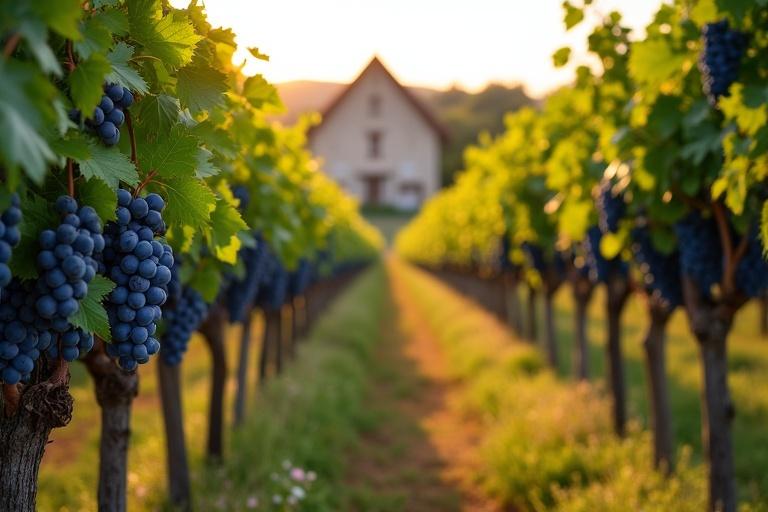 Vineyard on a sunny late summer evening. Blue grapes hang heavily from green vine leaves. Autumn-colored leaves appear among the greenery. A narrow path runs between the vines. Flowering plants sprout between rows. An old winery in southern French style blurs in the background under the evening sun.