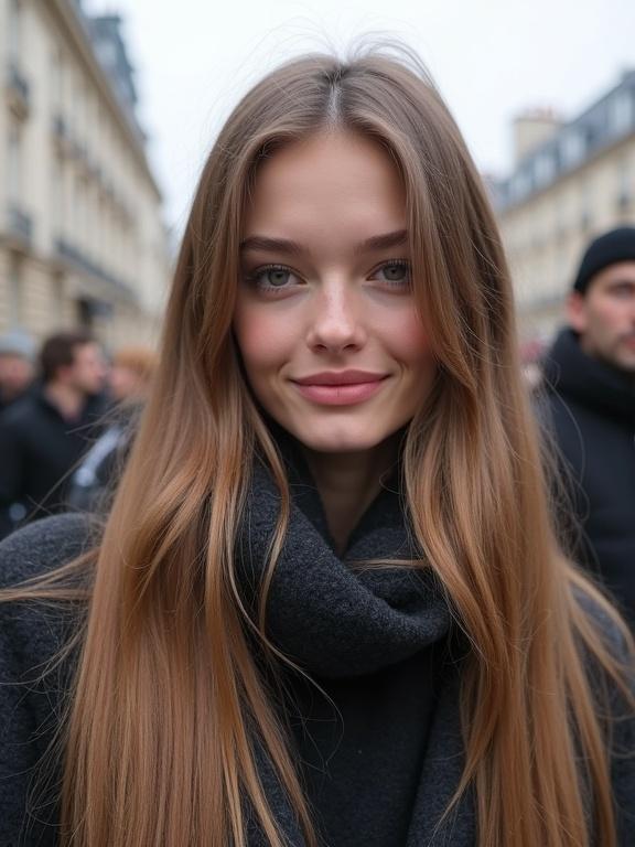Ultra-photorealistic selfie taken in Paris during winter. Beautiful young woman with long straight light brown hair. Wearing winter clothes with a subtle smile. Looking directly at the camera. Blurred background of other people.