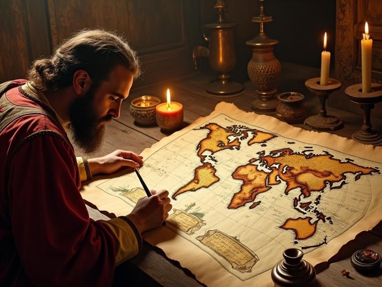 Historical illustration of Ottoman admiral Piri Reis in 1513. Admiring the map drawn on aged parchment. Antique navigation tools surround the scene. Ink pots and partially completed map visible. Depicted in warm candlelight. Richly detailed historical painting style. Aspect ratio 16:9.