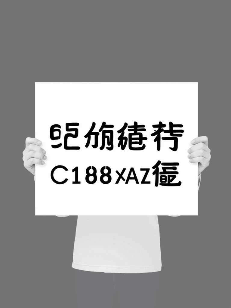 A person holds a sign with a mix of Asian characters and alphanumeric text.