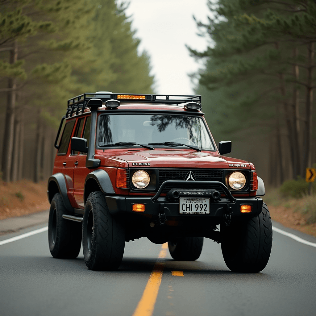 A vintage red SUV with large tires and a roof rack is parked on a narrow road surrounded by tall, dense trees under a cloudy sky.