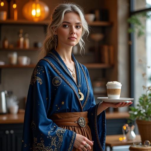 A stunningly beautiful 30-year-old retired witch working part-time at a modern café. Elegant deep indigo robe embroidered with golden constellations. High collar layered cuffs. Soft magical silk tunic shimmering in café lighting. Leather belt with glass vials of stardust and enchanted feather quill. Magical pocket-watch-like device at waist. Softly glowing crystal pendant and silver crescent-moon ear cuff. Living magic stone floats in apron pocket helping with coffee foam. Wooden staff with glowing crystal core rests nearby. Warm inviting café setting with floating hologram registers and a flying drink tray. Cinematic lighting photorealistic fantasy style.