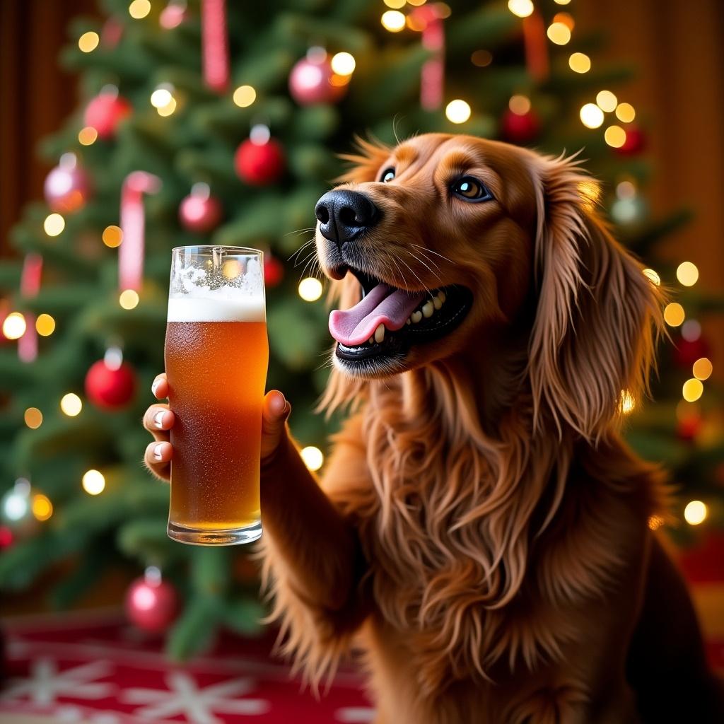 Golden retriever holds a glass of beer near a decorated Christmas tree. Warm lights and ornaments create a festive atmosphere. Happy expression on the dog's face.