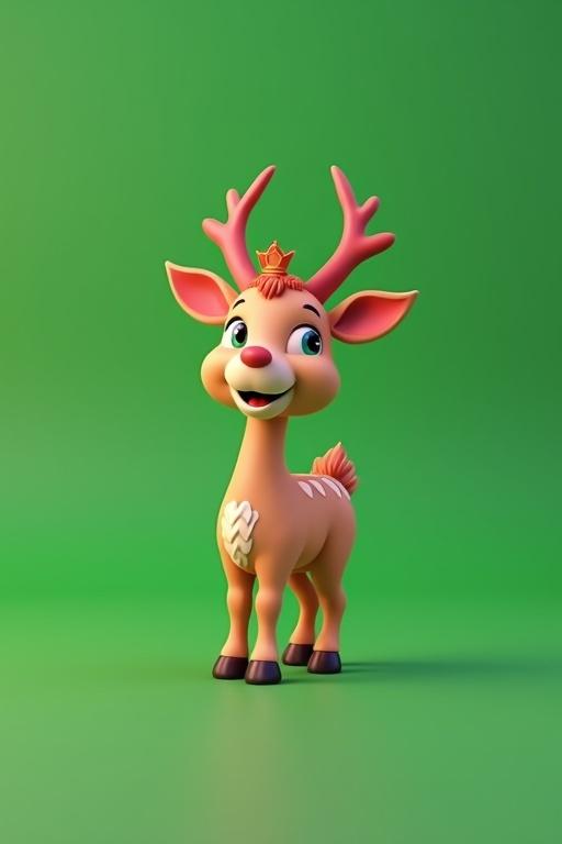 A cute animated deer character in a 3D style on a green background. The deer has a cheerful expression and antlers. Suitable for children's media and animation projects.