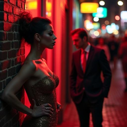 A stylish figure in a sequined strapless dress leans against a brick wall in a vibrant nightlife setting. A man in a suit stands nearby, creating an atmosphere of tension. Street life buzzes in the background with crowds and vendors. Neon lights illuminate the scene, highlighting their expressions and body language. A moment that captures allure and conflict in an urban setting.