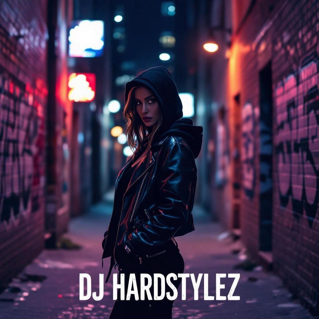 Raw photo featuring a woman in a hooded jacket in a dark alley. She faces forward with one hand behind her back. Designed as an album cover with DJ Hardstylez text.
