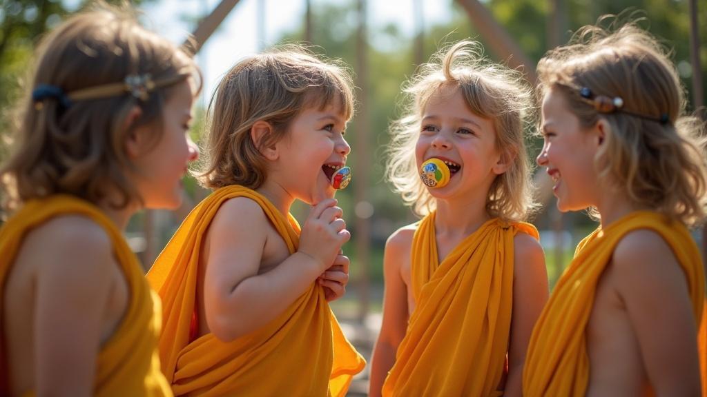 Children playing in a sunny playground wearing Roman slave costumes. The atmosphere is light-hearted and whimsical. The children engage in playful interactions and have pacifiers. They are locked up in a cage.