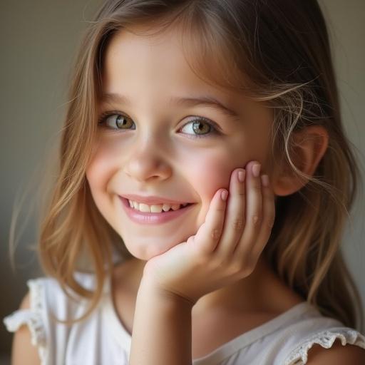 A close-up image features a smiling girl. She has her foot close to her face. The girl displays a playful expression.