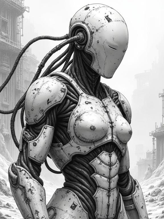 A biomechanical cybernetic warrior in a decaying exosuit is shown. The design features an expressionless pale face with data ports. Tubes and cables protrude from the synthetic flesh. One arm has a brutal industrial weapon, leaking steam. Armor is asymmetrical and scratched. The background contains a cold metallic void with fog and debris.
