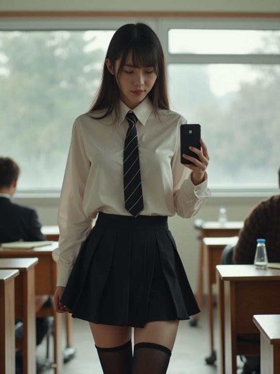 Cellphone photo shows a student in a classroom. Individual wears a white blouse with a tie and a black skirt. Model poses for a selfie while others are seen in the background. Details include thigh-high socks and classroom elements like desks and bottles of water. The background has a blurry school atmosphere.