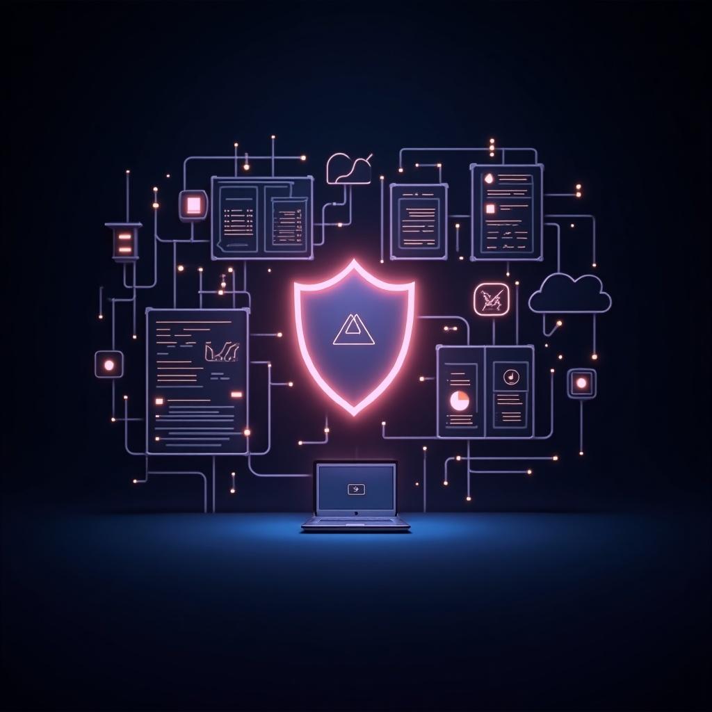 Glowing image depicting custom software development. Features a shield symbol and a laptop surrounded by digital documents. Background is transparent.