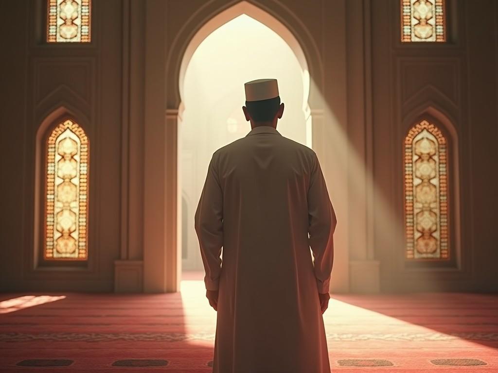 The image features a man standing in a mosque, silhouetted against a beautifully lit background. He wears traditional attire, which adds to the cultural significance of the scene. Soft rays of sunlight filter through the intricately designed windows, creating a serene atmosphere. The architectural elements showcase classic Islamic design with arches and geometric patterns. This image encapsulates the spirituality and beauty of religious spaces.