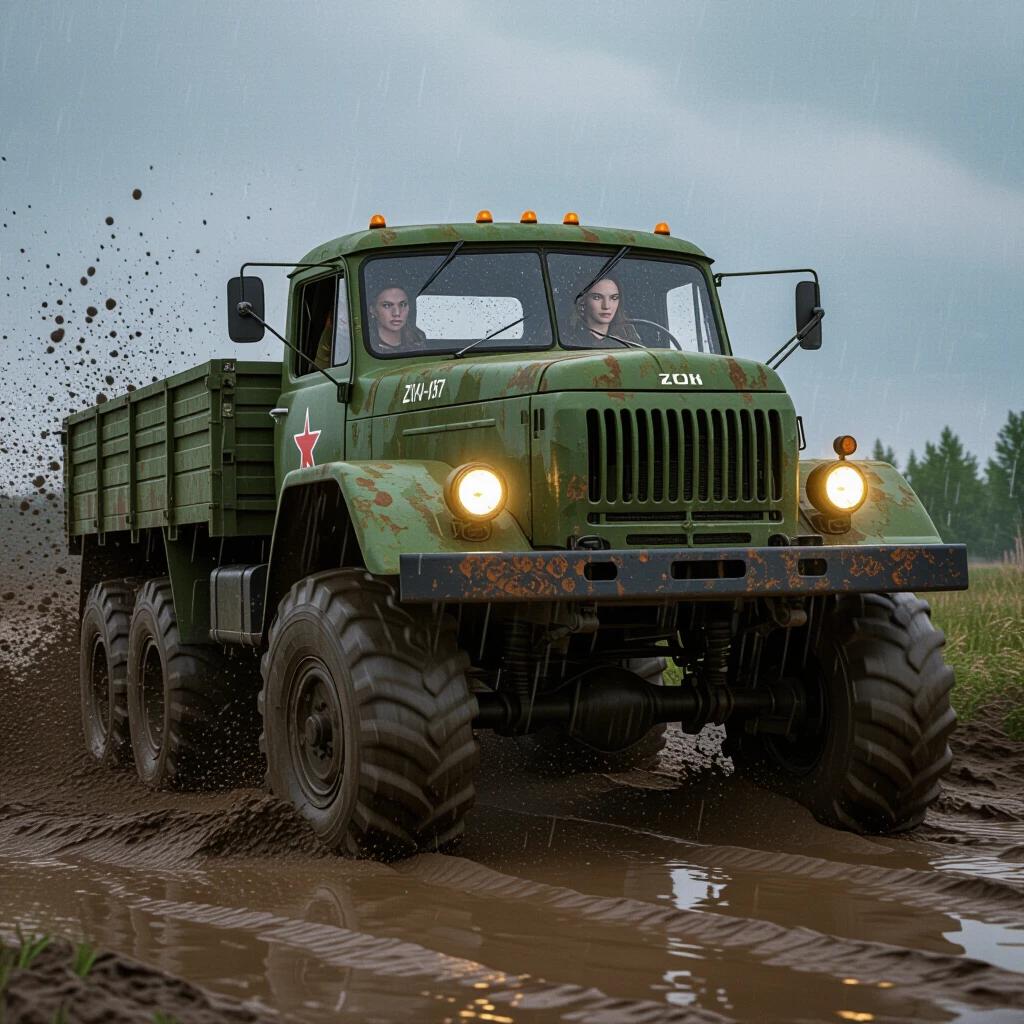 Ultra-photorealistic depiction of a 1970s Soviet ZIL-157 military truck. Truck is gigantic and rusty with colossal tires. It navigates thick mud with wheels in motion. Headlights blaze through rain illuminating the windshield covered with mud. Extreme detail on rust textures and mud splatters.