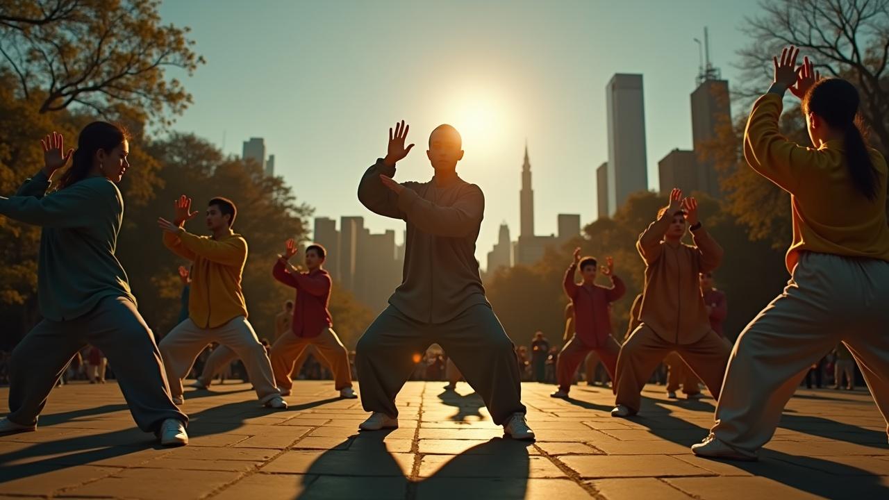 Cinematic image of Tai Chi practitioners in Central Park at sunset. Diverse group performing in unison. Features urban skyline and warm lighting. Hyper-realistic photography.