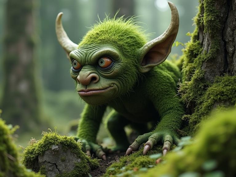 3D moss-covered troll hiding in a vibrant Scandinavian forest with rich greenery and detailed textures