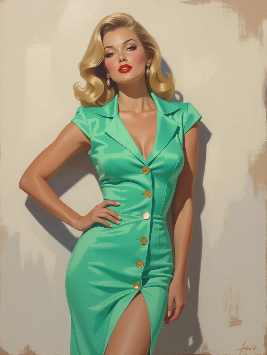 Female model stands in a 1960s inspired pose. She wears a form fitting mint green evening dress with large buttons. The painting showcases her feminine curves and muscular body. Blonde hair cascades elegantly. Dramatic lighting creates a romantic atmosphere. Artistic style mimics oil on canvas techniques with an abstract touch.