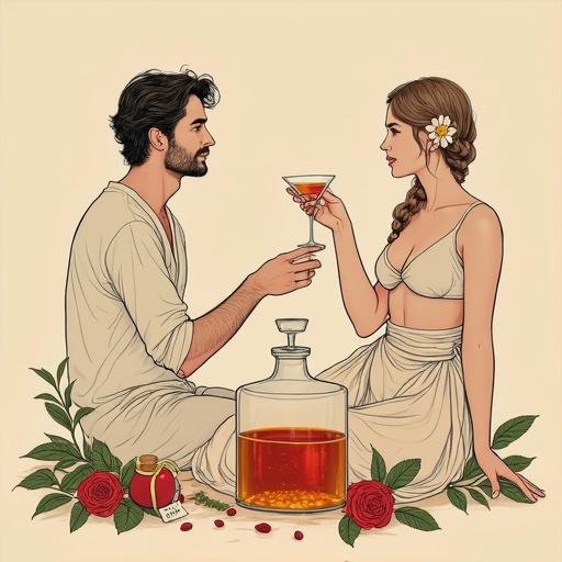Minimalistic screen printing artwork featuring a couple in an apple orchard. Man offers a toast with a cocktail glass to a woman with a flower in her hair. She wears a translucent blouse and wrap-skirt. An apothecary bottle glowing nearby. Composition accentuates nature and romance. Warm beige background adds nostalgia.