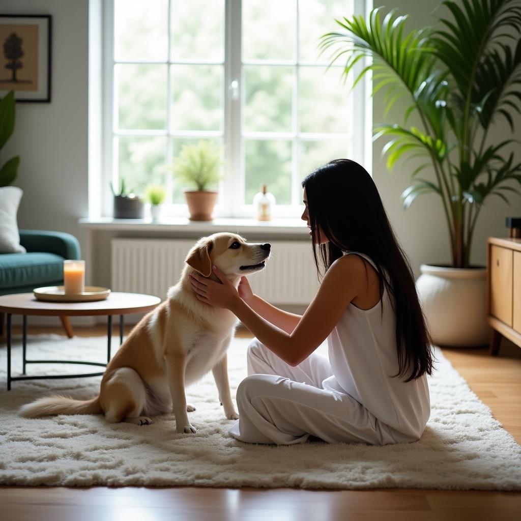 Woman interacts lovingly with her dog in a sunlit living room. Room features plants and cozy decor. They share a moment of affection on a plush rug.