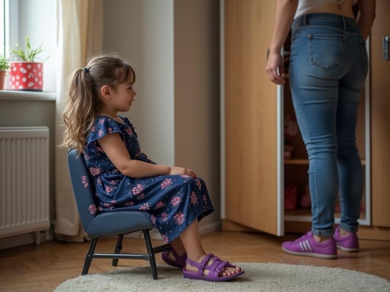 Photo of a child with dark hair and braids, wearing a dark blue dress with pink patterns and purple sandals, sitting in a cozy but messy children's room in a rehabilitation chair. Mother stands at the wardrobe selecting a new dress and wearing denim overalls.