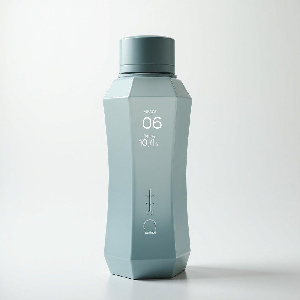 Water bottle in hexagonal shape with temperature and remainder display. Bottle is light blue with a sleek design and electronic display panel.