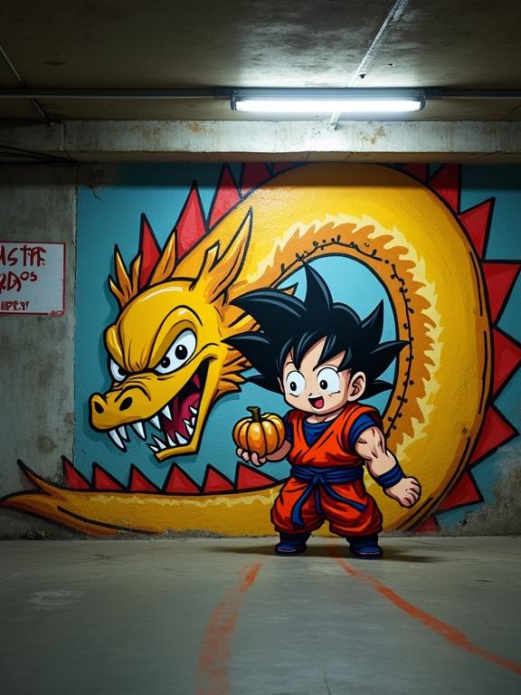 Photograph of graffiti mural in an underground parking garage. Features dynamic illustration of yellow dragon with fierce expression and sharp teeth. Boy with spiky black hair in red outfit resembles Goku from Dragon Ball. Boy holds pumpkin in right hand with determined look. Mural brightly colored with bold outlines. Fluorescent light fixture mounted on concrete wall. Motion blur in foreground with red-orange streak. Graffiti artist's signature in bottom right corner. Urban setting with concrete texture and dim lighting. Shadow play and vibrant colors. Dynamic composition in graffiti art style.