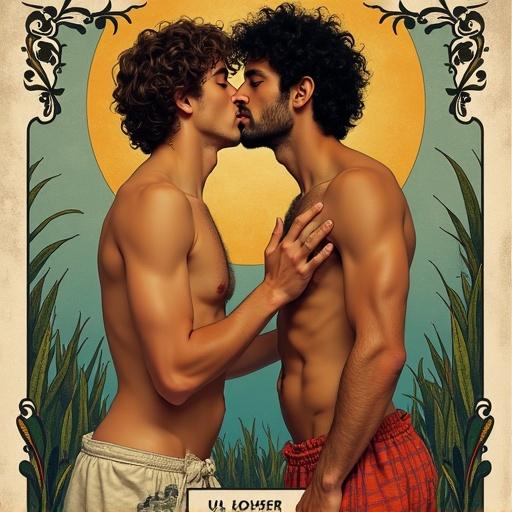 Realistic tarot art depicting two men kissing. One man completely naked, Hispanic with curly hair. Emphasis on intimacy and connection.