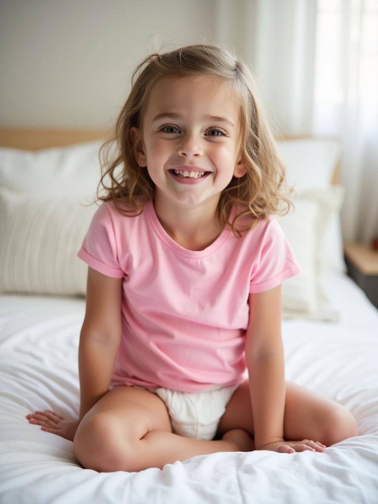 A girl sitting on a bed. She wears a diaper and a pink t-shirt. The setting has white sheets. The room has a soft atmosphere. Natural lighting enhances her smile.