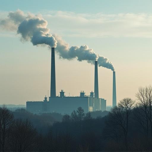 Image shows an industrial landscape with tall chimneys emitting smoke. The silhouette of the building is visible against the sky. The background features trees fading into the distance. The atmosphere has a misty quality.