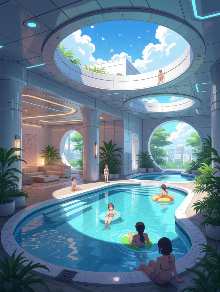 A luxurious modern galactic mansion with a stunning onsen. The scene captures a summer morning. The interior features a spacious pool. Skylights allow sunlight to illuminate the setting. Guests enjoy floating on mats in the pool. Lush green plants decorated around the area. City skyline visible through round windows. High-tech design elements evident throughout.