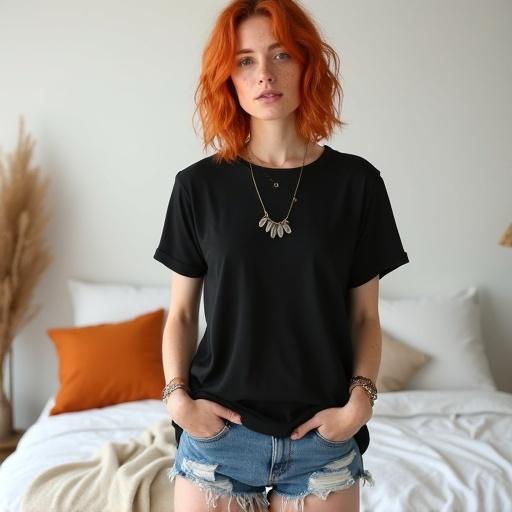 High-quality e-commerce mockup photograph. Young woman with vibrant red hair and freckles. Adorned with aesthetic bohemian-style necklace. Black oversized t-shirt and distressed denim shorts. Natural, relaxed, and confident posture. Facing slightly towards the camera. Bright, clean, minimalist bedroom with white wall. Neatly arranged white bedding with orange throw pillow. Decorative potted plant with long dried stems. Softbox lighting mimicking natural daylight. Medium angle shot showing t-shirt. Clean, polished, professional lifestyle aesthetic.