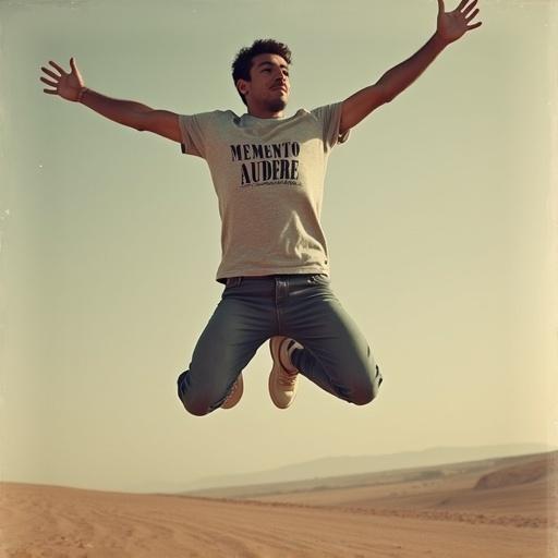 Vintage style photograph of a healthy young Italian man in a light gray t-shirt. The shirt has the text 'MEMENTO AUDERE' in an arch and 'SEMPER' straight. The man is jumping against a Mars-like desert background.