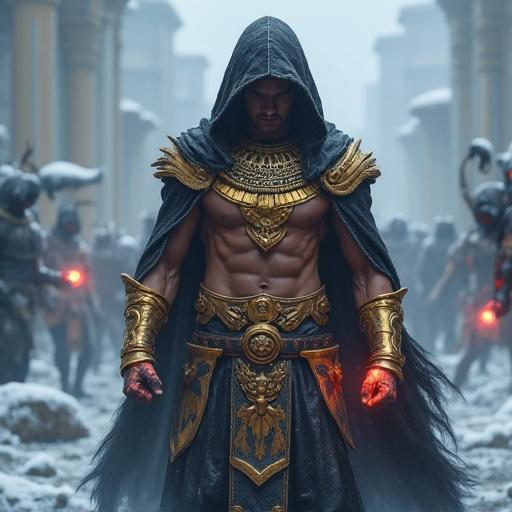 Image of a warrior in Egyptian-style golden armor resembling a pharaoh. Warrior uses fists as weapons. Fists glow black. Black stylish hair. Well-built abdominal muscles. Pendant glowing red. Black hood on head. Surrounded by black mist at feet. Engaged in battle against ice demons in an icy battlefield.