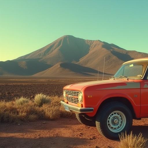 Image inspired by Lanzarote in Tarantino style. Vintage car in the foreground with mountains in the background under a sunset.