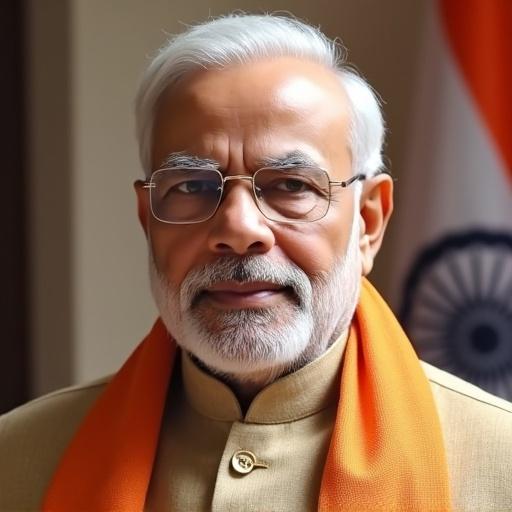 man with gray hair and beard wearing glasses and a traditional outfit, orange scarf, background of tricolor flag